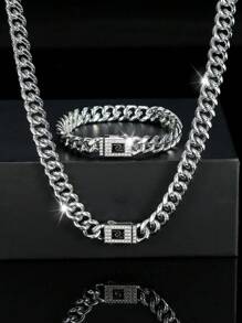 1 Necklace + 1 Bracelet Hip Hop Style Jewelry Set Chain Design Paved Shining Rhinestone Suitable For Men And Women - Double J Diamond Buckle Grinding Chain Set - View 3