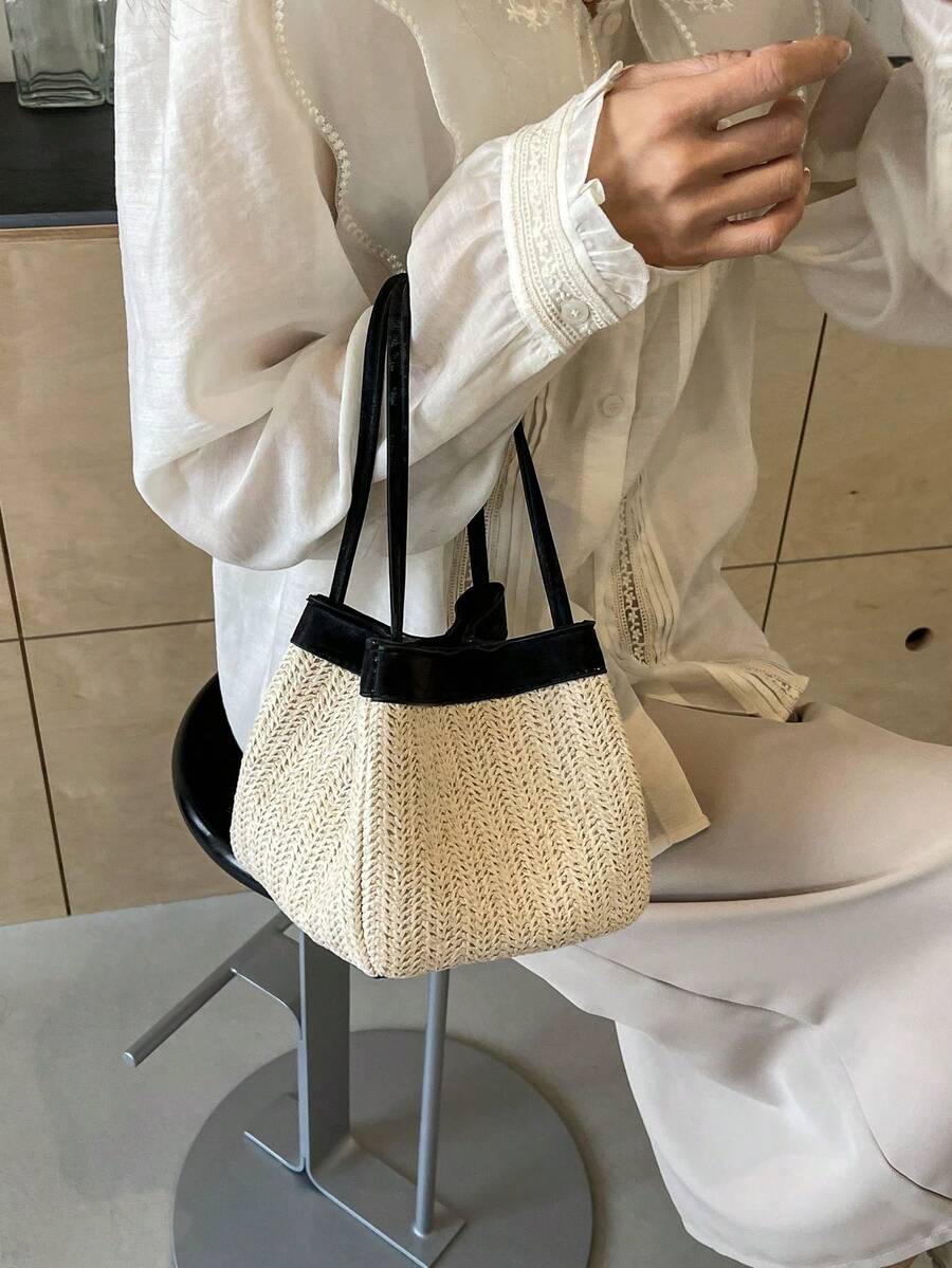 編織草風格PU皮革肩袋，女士休閒時尚斜挎袋，日常使用、旅行和度假的完美選擇 - 黑色 - 查看 1