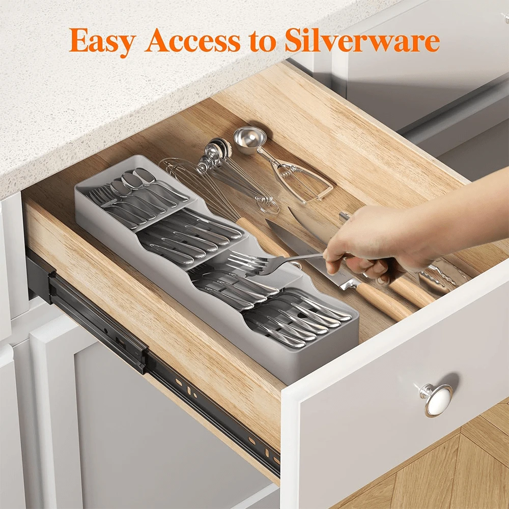 JOESTAR Cutlery Drawer Organiser, Small Cutlery Tray For Kitchen, Plastic Narrow Utensil Silverware Holder For Spoons, Forks And Knives, Flatware Storage Organization,Grey - 灰色 - 查看 1