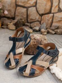 SHIHUA 2024 New European And American Ladies Platform Wedge Sandals, With Breathable And Comfortable Cross Straps, Hollow And Hook And Loop Design, Stitched Lines, Suitable For Daily Commuting, Vacation, And Beach Wear. The Platform Wedge Soles Are Light And Versatile, And The Hollow Design Makes It Breathable. Available In Large Sizes.