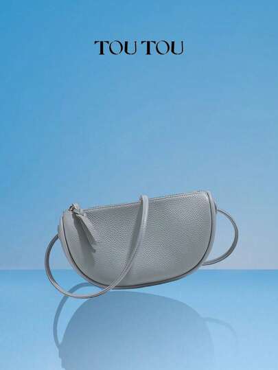  TOUTOU Vintage Leather Crossbody Bag, Top Layer Cowhide Texture Shoulder Bag, Tready Crescent Moon Bag For Women