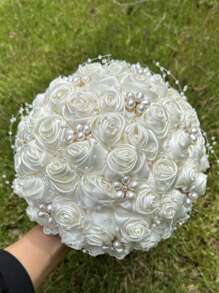 1支丝绸玫瑰婚礼花束，适合新娘、伴娘、新娘捧花，配珍珠丝带，也适用于情人节、求婚派对装饰。 - 彩色 - 查看 13