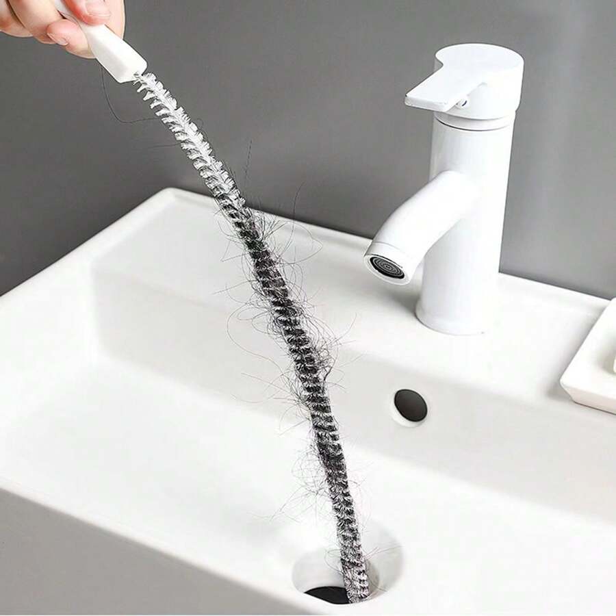 1 pieza Removedor de obstrucciones de drenaje con atrapa cabello y cepillo de limpieza para fregadero, bañera y ducha, herramienta serpentín para tubería de plomería - Blanco - Ver 1