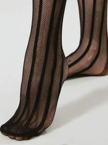 1對加大碼減脂花邊直條魚網及膝襪，性感防滑矽膠花邊大腿高襪，提花絲襪，女士薄絲襪和襪子 - 黑色 - 查看 7