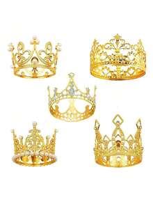 5piezas de decoración de corona dorada para tartas, coronas de diamantes de imitación clásico, mini tiara para arreglos florales, decoración de tartas, decoración para cumpleaños, boda, aniversario, fiesta y baby shower,dfs - Dorado - Ver 1