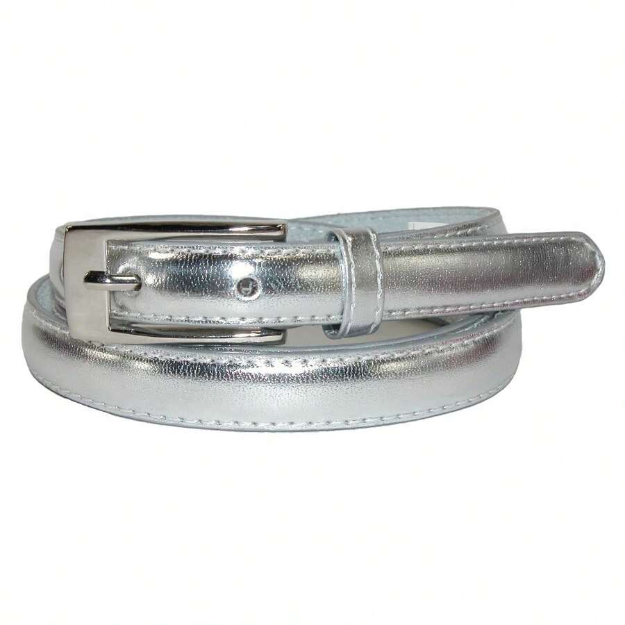 CTM Women's 3/4 Inch Skinny Leather Dress Belt Silver Buckle, Available In Black, Brown, Dark Pink, Gold, Navy, Orange, Purple, Red, Royal Blue, Silver, Tan, Turquoise, White, Yellow, Large, Medium, XL Leather Dress Belts - 銀色 - 查看 1