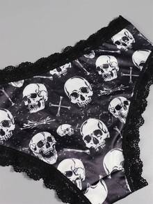 4pcs Women Gothic Contrast Lace Hipster Panties, Halloween Skull Allover Print Intimates Panties, Women's Ladies' Underwear & Lingerie