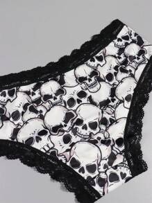 4pcs Women Gothic Contrast Lace Hipster Panties, Halloween Skull Allover Print Intimates Panties, Women's Ladies' Underwear & Lingerie