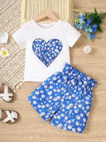 Young Girl Summer Style Casual Heart Printed Short Sleeve T-Shirt And Shorts Two-Piece Set