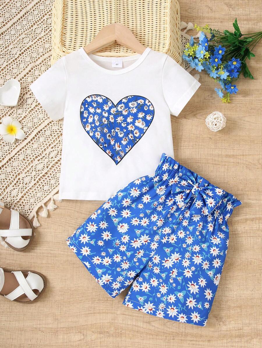 Young Girl Summer Style Casual Heart Printed Short Sleeve T-Shirt And Shorts Two-Piece Set