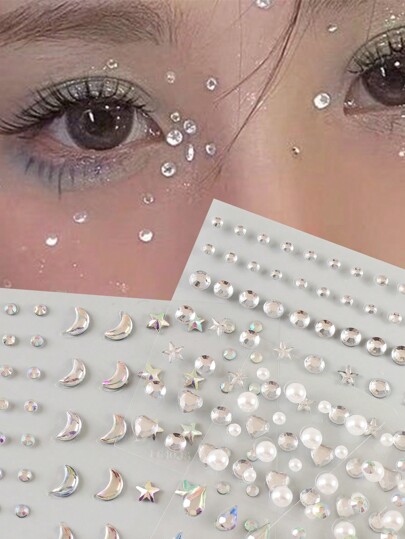 4pcs Acrylic 3d Crystal Rhinestone Sticker Face Gem Sticker Eyeliner Sticker With Star & Heart Shaped Design For Face Makeup Decoration