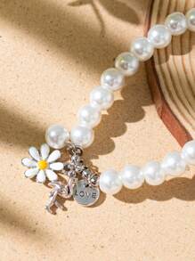 Flower & Key Charm Beaded Bracelet - Baby Blue - View 3