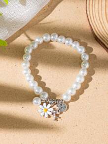 Flower & Key Charm Beaded Bracelet - Baby Blue - View 2