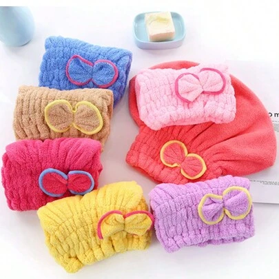 1pc Soft Hair Drying Cap, Cartoon Cute Bow Design Hair Towel For Bathroom, Women'S Absorbent Quick-Drying Shower Cap, Bathroom Supplies
