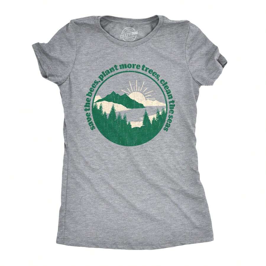 Womens Save The Bees Plant More Trees Calm The Seas T Shirt Funny Earth Day Tee Funny Womens T Shirts Cute Vintage Fashion Casual Ladies T-Shirt Gift - 淺石南灰 - 查看 1