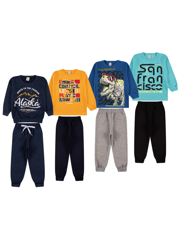 Kit 6 Peças Moletom Infantil Menino Inverno - 3 Casacos + 3 Calças - Tamanho 1 ao 10