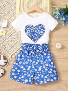 Young Girl Summer Style Casual Heart Printed Short Sleeve T-Shirt And Shorts Two-Piece Set