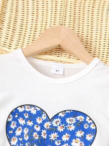 Young Girl Summer Style Casual Heart Printed Short Sleeve T-Shirt And Shorts Two-Piece Set