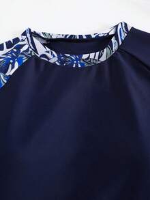 Summer Beach Patchwork Tropical Print Long Sleeve Tankini Swimwear Set