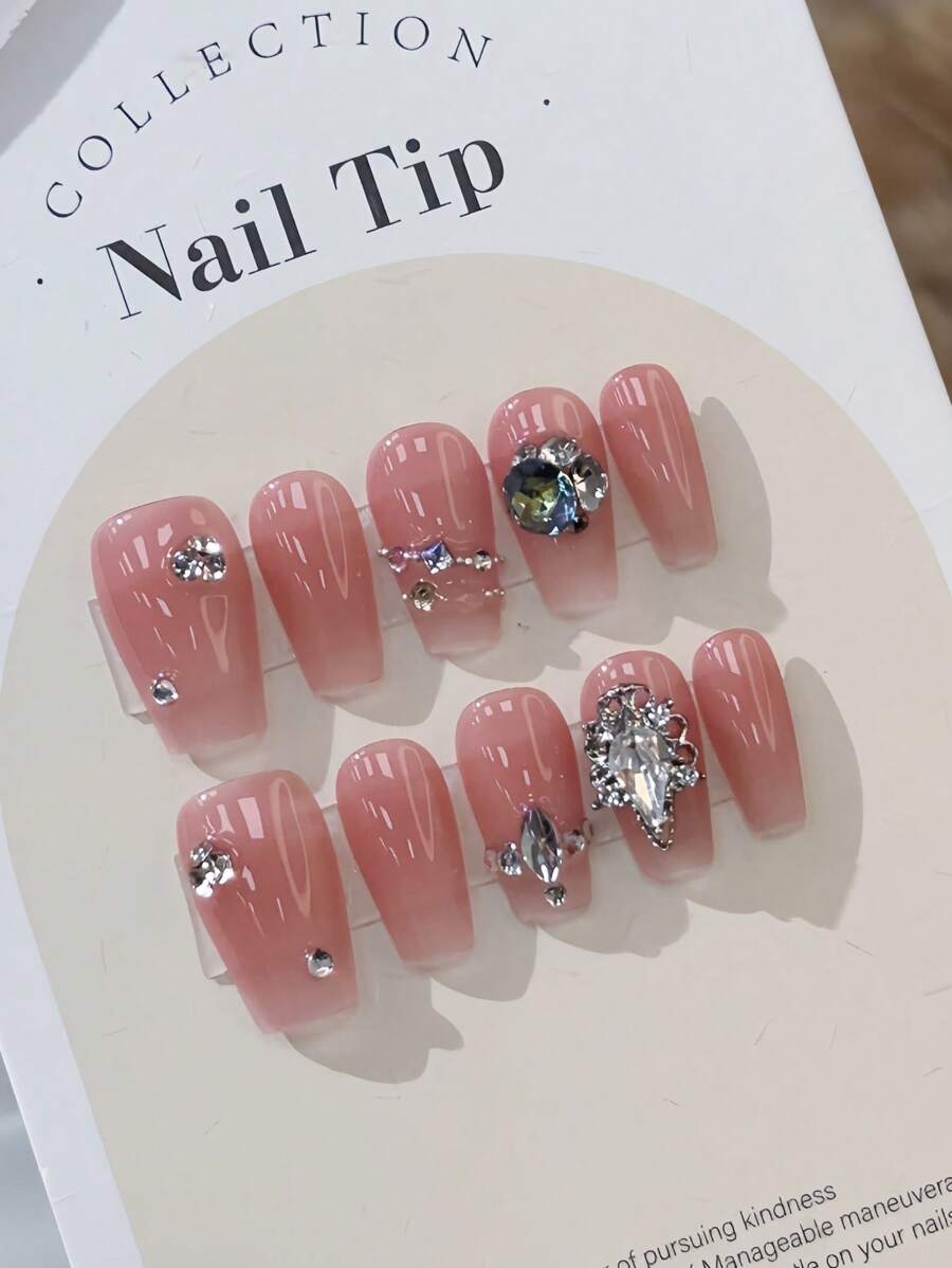 10pcs Short Trapezoidal Nail Forms In Cute And Sweet Pink Style, With
