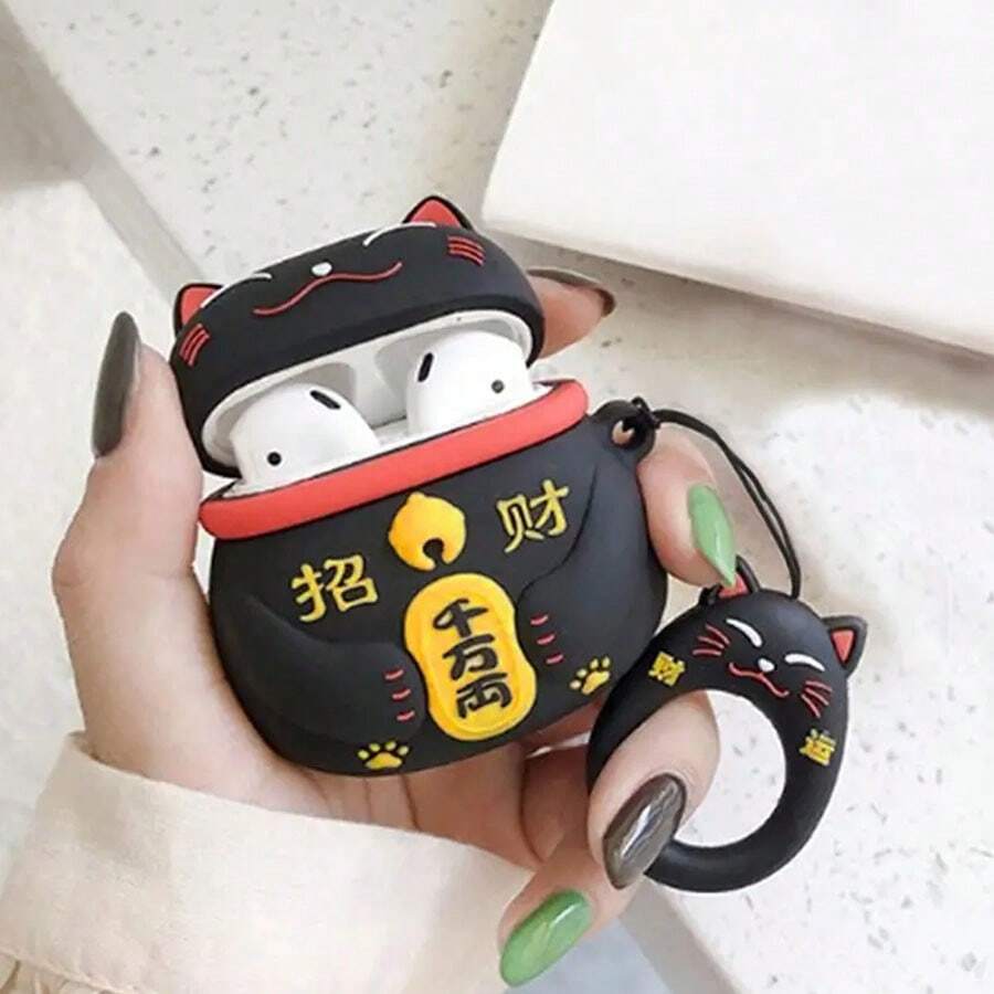 Cute Maneki-Neko Silicone Earphone Protective Case - Shock-Proof Protection, Holiday Gift - Compatible With Apple Earphones 1/2/Pro/3 - Black - View 1