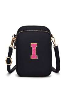 1 Peça Bolsa Transversal Casual de Moda com Bolso para Telefone e Porta-Moedas Vertical, Bolsa de Lona Feminina com Padrão de Bordado de Letra, Bolsa Transversal, Meninas, Viagem, Volta às Aulas, Presente - Preto - Visão 11