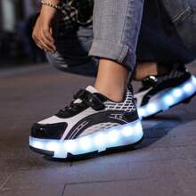 夏季青少年LED燈滾輪溜冰鞋4輪低幫黑白運動鞋，男女冰上滑冰鞋