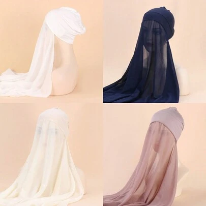 Z.H.A 1pc Solid Color Chiffon Instant Hijab With Tube Undercap Thin Breathable Pullover Headscarf Summer Windproof Sunscreen Head Wrap For Women