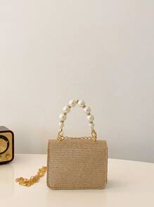 Fashionable Diamond Pattern Mini Pearl Chain Handbag, Web Celebrity Mini Children Shoulder Crossbody Bag, Small Square Bag - Gold - View 4