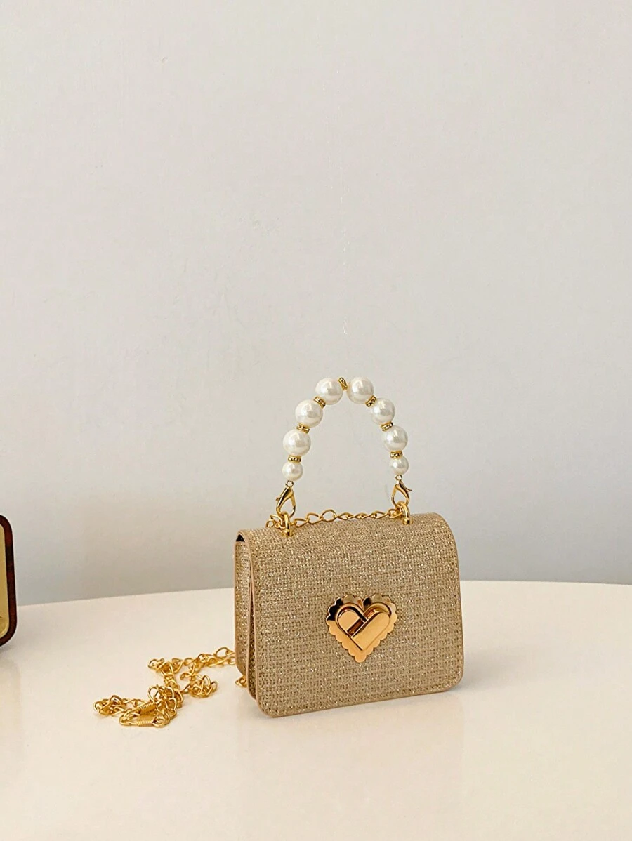 Fashionable Diamond Pattern Mini Pearl Chain Handbag, Web Celebrity Mini Children Shoulder Crossbody Bag, Small Square Bag - Gold - View 1