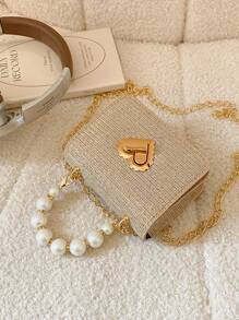 Fashionable Diamond Pattern Mini Pearl Chain Handbag, Web Celebrity Mini Children Shoulder Crossbody Bag, Small Square Bag - Gold - View 3