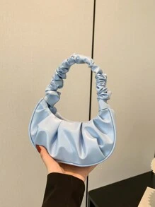 DAZY 19.5厘米宽迷你纯色褶皱手提包，春夏新款淡彩云朵和新月形休闲女士手提包 - 淺藍色 - 查看 2