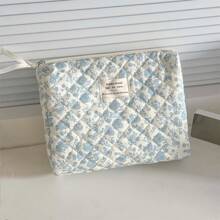 1 件蓝色秋海棠花化妆包女士旅行化妆品收纳包花卉化妆包布艺印花甜美风格洗漱包 - 藍白色 - 查看 6