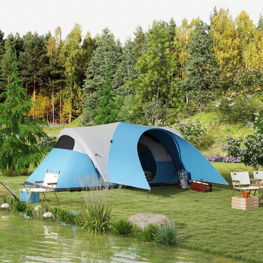 Outsunny 5-6 Man Camping Tent, 3000mm Waterproof Family Tent With Porch And Sewn In Groundsheet, Portable With Bag, For Fishing Hiking Festival - Blue - View 1