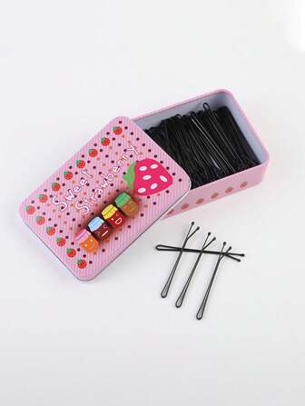 100 piezas de horquillas en caja, que incluyen 100 horquillas planas negras con forma de fresa, adecuadas para mujeres con flequillo, nuevos estilos de horquillas, adecuadas para fotografía, bodas, accesorios para el cabello, etc. Día de San Valentín, Valentín, pinzas para el cabello, pasadores para el cabello, pinzas de garra, artículos escolares