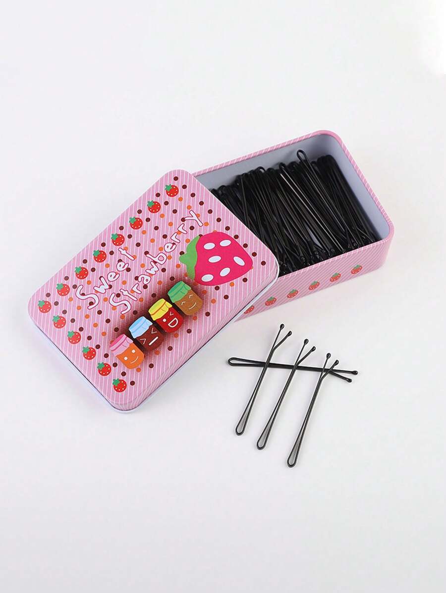 100pcs Boxed Hairpins, Including 100 Black Flat Strawberry Hairpins, Suitable For Women With Bangs, New Style Hairpins, Suitable For Photography, Weddings, Hair Accessories, Etc. Valentine's Day Valentines, Hair Clips, Hair Barrettes Claw Clips, School Stuff