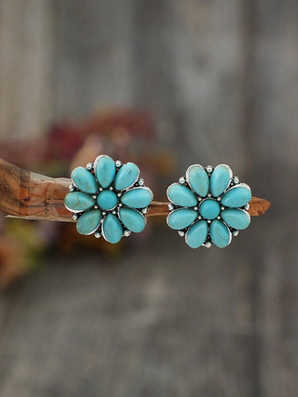 Cross-Border Vintage Western Style Turquoise Earrings, New Alloy Ear Studs With Turquoise Flower Design, Popular In Europe And America Valentines,Mom,Mother,Mother's Day,Gift
