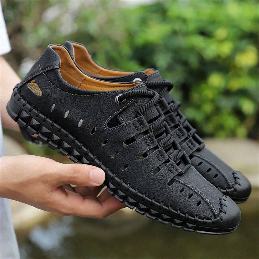 Men Summer Breathable Hollow Leather Shoes Soft Bottom Casual Sandals - Black - View 1