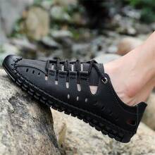 Men Summer Breathable Hollow Leather Shoes Soft Bottom Casual Sandals - Black - View 4