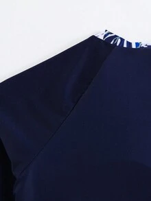 Summer Beach Patchwork Tropical Print Long Sleeve Tankini Swimwear Set