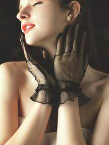 1 双婚礼新娘礼服晚礼服手套透明网眼短款蕾丝五指手套，带有优雅的褶边细节，可用作婚礼仪式和摄影道具的短手套 - 彩色 - 查看 2