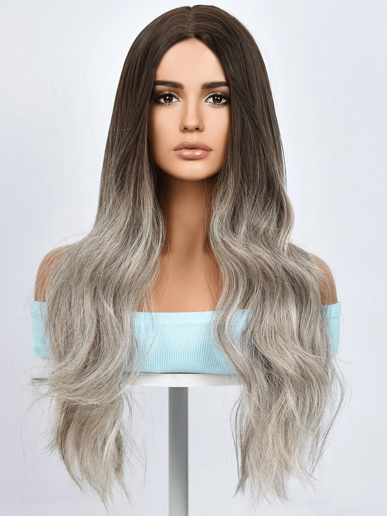 24 Inch Synthetic Fiber Black Gray Gradually Changing Color Wavy Curly ...