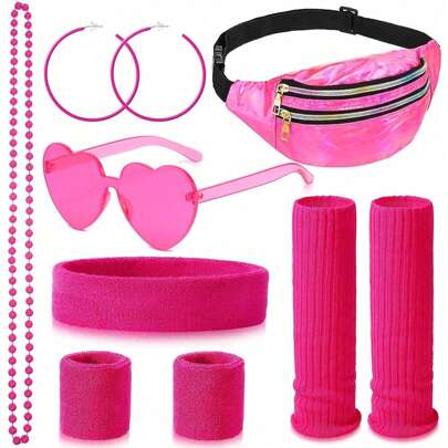 10pcs 1980s Accessories Retro Sport Sets & Kits With Bumbag Headband Wristbands Leg Warmers Eyeglasses Earrings Necklace, Outfit For Women 80s Party, Dress Up Day,Fancy Dress Costumes Halloween Valentine's Day Valentines Prom