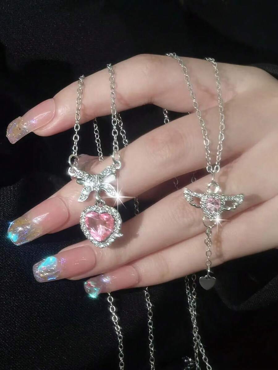 1pc Y2k Ombre Pink Rhinestone Heart & Planet Pendant Necklace, Party Dating Gift - Silver - View 1