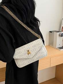 時尚字母鏈條設計，蜜蜂形狀金屬裝飾，輕便時尚的女士肩袋 - 白色 - 查看 3