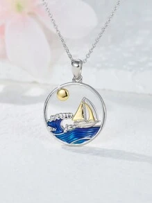 H Z JEWERLY 1入組海洋風銅電白金和14K黃色混合沖出圓形吊墜項鍊，適合女性日常穿著、夏季聚會，是親友禮物的好選擇 - 彩色 - 查看 2