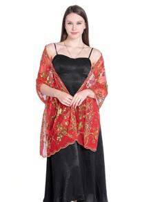 1 Stück eleganter, modischer, handgefertigter gestrickter Schal mit Pailletten-Herz- und Blumendesign für Frauen, hervorragend für Abendpartys, Bühnenauftritte und tägliches Accessoire, Frauentag, Valentinstag