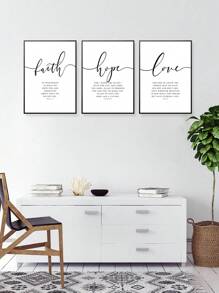 3 piezas de arte de pared de lienzo con citas bíblicas sobre el amor, moderna imagen impresa en blanco y negro de amor, fe y esperanza para decoración de dormitorio y sala de estar, sin marco - Blanco y Negro - Ver 1