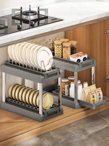 Kitchen Bowl And Dish Storage Rack Drawer Inlaid Pull-Type Small Bowl Rack Plate Rack Cupboard Bowl And Dish Storage Knife Rack-Pan Cover Rack Seasoning Storage Shelf - Grey - View 3