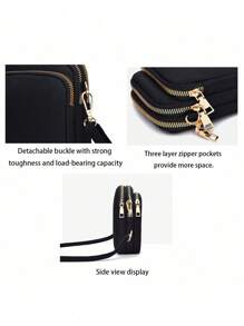 1 Peça Bolsa Transversal Casual de Moda com Bolso para Telefone e Porta-Moedas Vertical, Bolsa de Lona Feminina com Padrão de Bordado de Letra, Bolsa Transversal, Meninas, Viagem, Volta às Aulas, Presente - Preto - Visão 8